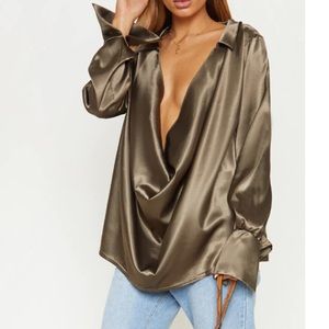 Olive Green Longline Satin Shirt